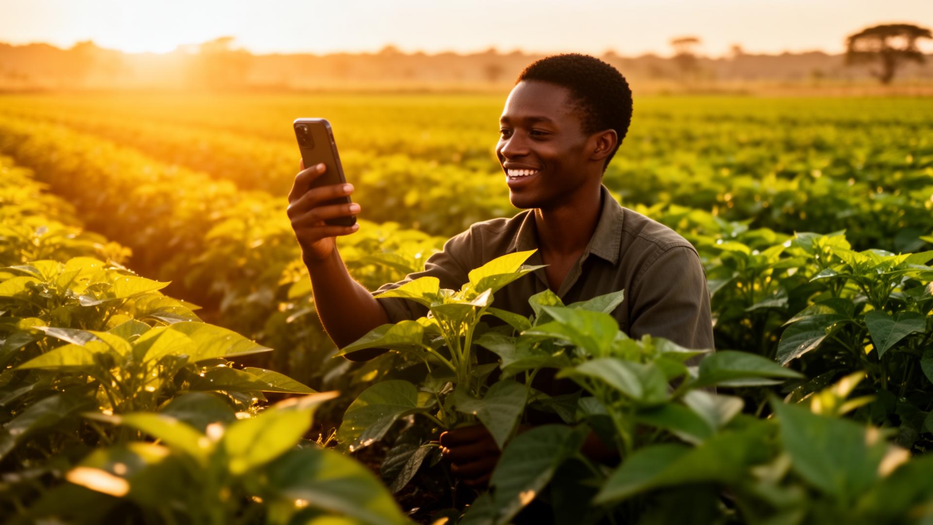 A farmer scanning a crop leaf with their phone at sunset